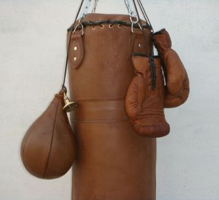 Vintage Tan Leather Boxing Gym Punch Bag,  Gloves,  Punch Ball & Fitting - Retro