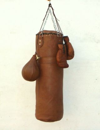 VINTAGE TAN LEATHER BOXING GYM PUNCH BAG,  GLOVES,  PUNCH BALL & FITTING - RETRO 2