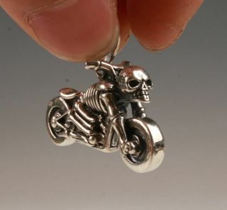 Rare Chinese 925 Silver Pendant Statue Skeleton Motorcycle Old Handmade Gift