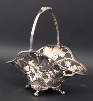 Small Antique Art Nouveau Period Sterling Silver Openwork Leaf & Grape Basket