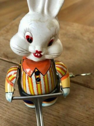 RARE Antique Red China Tin Toy MS 806 Rabbit pushing lawnmower. 2