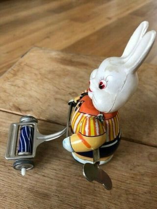 RARE Antique Red China Tin Toy MS 806 Rabbit pushing lawnmower. 5