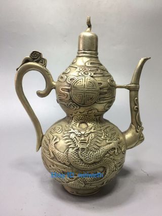 Tibetan Silver Traditional Folk Art Carved Dragon Shape Teapot W Qianlong Mark