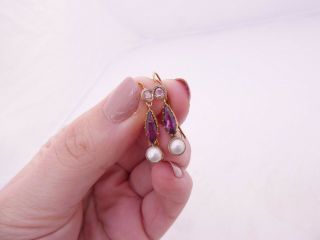 18ct Gold Rose Cut Diamond Earrings,  Amethyst Seed Pearl Victorian Drop Earrings