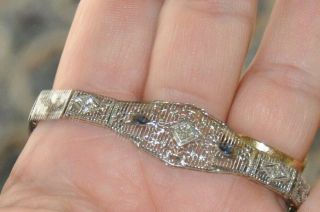 Antique Art Deco 14k White Gold Sapphire And Diamond Filigree Bracelet 6 1/2 "