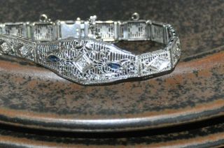 Antique Art Deco 14k White Gold Sapphire and Diamond Filigree Bracelet 6 1/2 