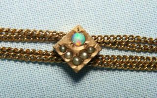 Victorian Yellow Gold Double Pocket Watch Chain 10k W/opal & Pearl Slide,