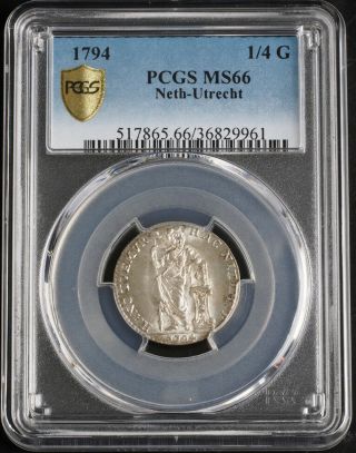 1794,  Netherlands West Indies.  Rare Silver 1/4 Gulden Coin.  Top Pop PCGS MS - 66 3