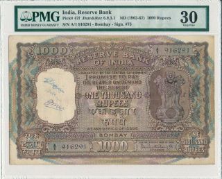 Reserve Bank Of India 1000 Rupees Nd (1962 - 67) Prefix A/1.  Rare Type Pmg 30