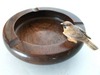 Vintage Teak Wood Ashtray Bowl W/ Bird Perched On Side Mcm 4.  75 " Diam Danish