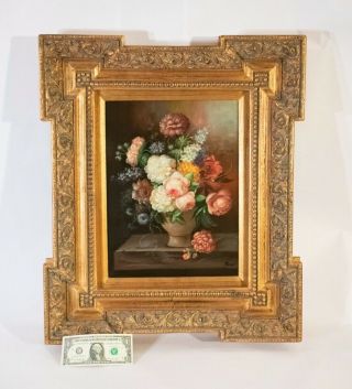 Large Antique Vintage Flower Oil On Board Painting Signed Marso - Ornate Frame