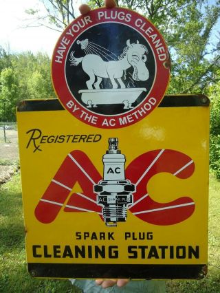 Large Old Vintage 1962 Ac Spark Plug Porcelain Gas Pump Sign