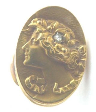 Antique Vintage 14k Yellow Gold Art Nouveau Lady Woman Head Diamond Cufflinks