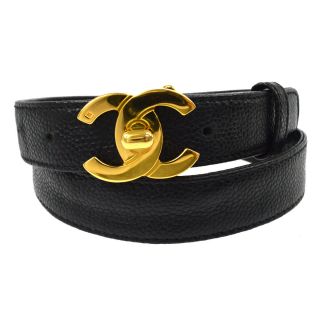 Authentic Chanel Vintage Cc Turnlock Buckle Belt Black Gold Leather 70/28 S08744