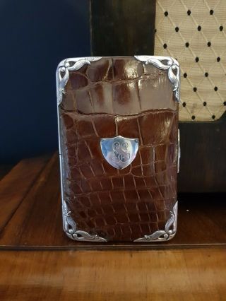 Solid Silver & Crocodile Leather Wallet.  Art Deco Styling.  Birmingham 1901.