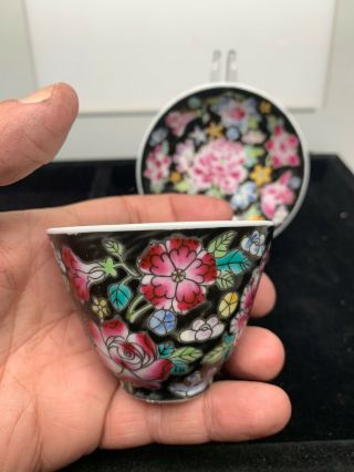 Vintage Oriental flowers Demitasse Tea Cup And Saucer No Handle Lt3 3