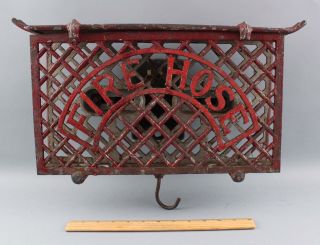Antique Painted Cast Iron Fire Hose Firefighting Factory Rack Holder Sign Nr