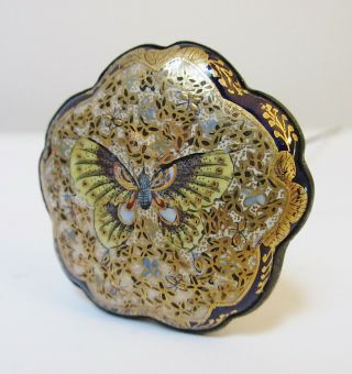 Large Antique Satsuma Hatpin Hand Painted Butterfly Scalloped Edge 2