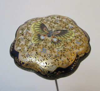 Large Antique Satsuma Hatpin Hand Painted Butterfly Scalloped Edge 3