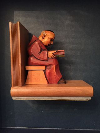 Single Vintage Bookend Monk Reading Made Of Wood Hand Carved Anri Black Forest