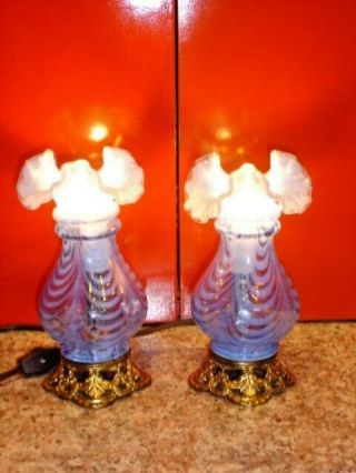 Fenton Vintage Blue Opalescent Swirl Feather Poppy Small Lamp (1 - 2)