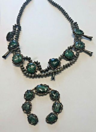 Vintage Native American Sterling Silver And Turquoise Squash Blossom Necklace
