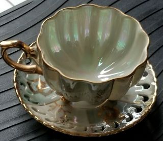 Vintage Enesco Japan 3 - Footed Coffee Tea Cup Saucer Iridescent Mother Of Pearl