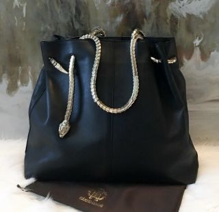 Stunning Rare Roberto Cavalli Serpent Chain Black Leather Tote Bag