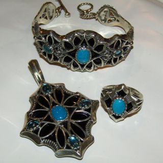 Vtg Carolyn Pollack Relios Cp Southwestern Bracelet Pendant Ring Turquoise.  925