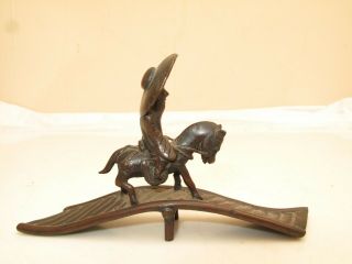Old Chinese Estate Scroll Weight Bronze Old Man On Horse Bridge Great Wall Hat