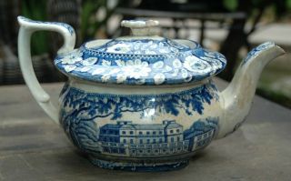 Antique 1820 Historical Building Staffordshire Blue Transferware Tea Pot Relic