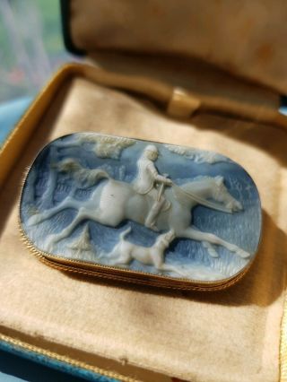 Antique vintage 9kt Gold 375 Classical Hunting Horse Dog Cameo Brooch/badge ONYX 8