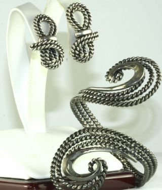 Tall Vtg Napier Sterling Silver Bypass Twist Bracelet & Matching Clip Earrings
