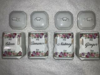 4 Pc Canister Spice Set Lusterware Pink Roses Victoria Czechoslovakia 1900 - 1940