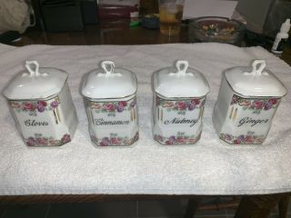 4 pc Canister Spice Set Lusterware Pink Roses Victoria Czechoslovakia 1900 - 1940 2