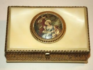 Antique French Victorian 22k Gold Brass Miniature Portrait Vanity Hinged Box