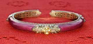 Barbara Bixby Rare Rhodolite Enamel Cuff Bracelet 18k Gold 925 Sterling