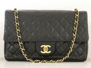 Ra5839 Auth Chanel Vintage Black Lambskin Cc Lock Double Flap Chain Shoulder Bag