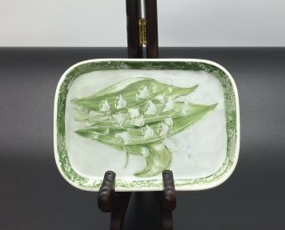 Vintage Hand Painted Small Tray White W Green Trim Lily - Of - The - Valley Signed