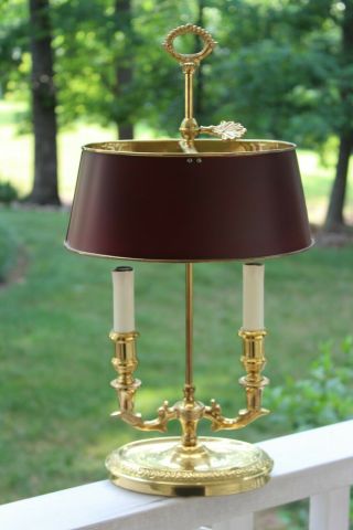 Vintage French Bouillotte Desk Lamp With Solid Brass Tole Shade