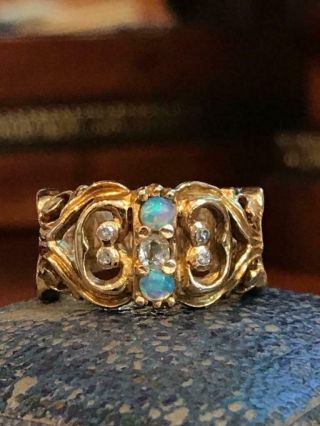 Antique Vintage 14k Gold Opal & Mine Cut Diamond Band Wedding Ring Sz 5 1/4