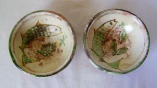 Two Antique Middle Eastern / Persian Pottery Bowls With Fish Decoration