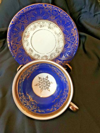 Schirnding Bavaria China Cup & Saucer,  Blue & Gold; Some Wear On Pattern " 39 "