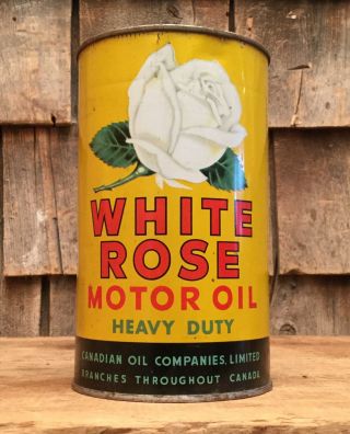 Vintage White Rose Heavy Duty Motor Oil 1 Qt Tin Can Sign Canadian Oil Sign