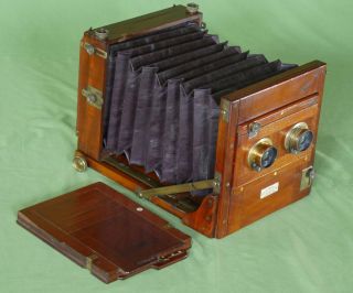 Extremely Rare Auxiliary Stereo Tailboard Half Plate Camera Mahogany Brass C1885