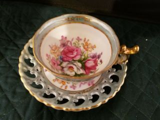 Vintage Royal Sealy Japan 3 Footed Demitasse Cup 2 " H & Reticulated Saucer 5 " D