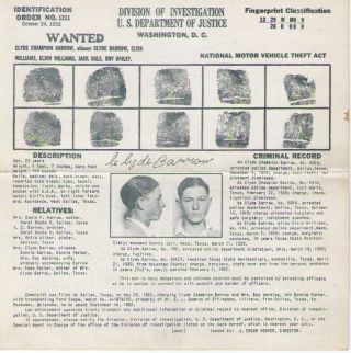 Vintage Authentic Rare Clyde Barrow Fbi 1933 Wanted Poster