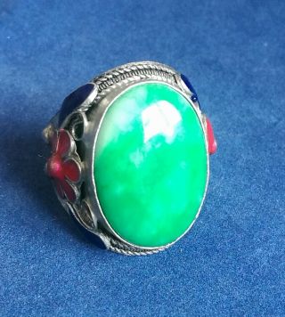 Tibet Silver inlay Natural Green Jade Cloisonne enamel Red flower Adjust Ring 2