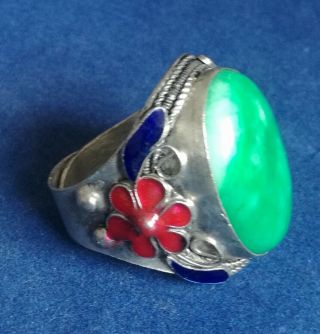 Tibet Silver inlay Natural Green Jade Cloisonne enamel Red flower Adjust Ring 4