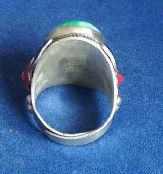 Tibet Silver inlay Natural Green Jade Cloisonne enamel Red flower Adjust Ring 5